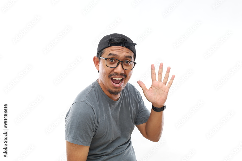 Naklejka premium Asian man wearing casual shirt and glasses showing with fingers number five while smiling confident and happy.