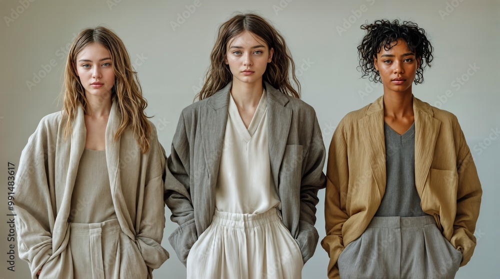 Naklejka premium A minimalist fashion collection featuring three models in neutral-colored outfits