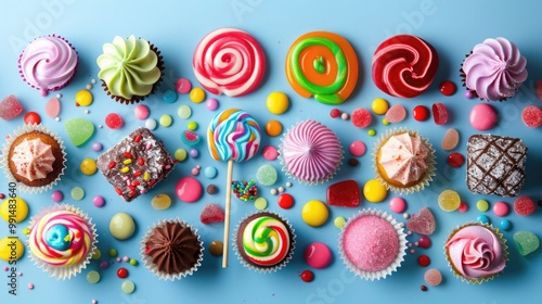 Assorted colorful candies and cupcakes on a bright blue background. overhead view of various sweets