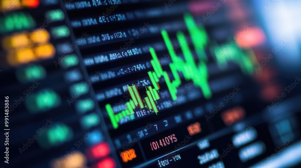 A close-up of a stock trading screen, showing various stock symbols, prices, and performance graphs, with a focus on a green upward trend line. A close-up of a stock trading screen, showing various stock symbols, prices, and performance graphs, with a focus on a green upward trend line.