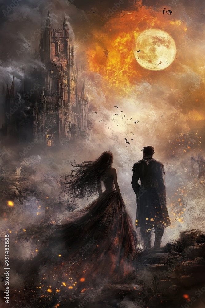 A mysterious couple walks towards a burning castle under a dramatic full moon at night A mysterious couple walks towards a burning castle under a dramatic full moon at night