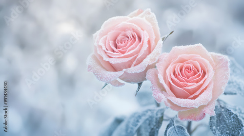 Pink roses surrounded by white snow, a beautiful romantic scene of flowers in nature, perfect for love and weddings.
