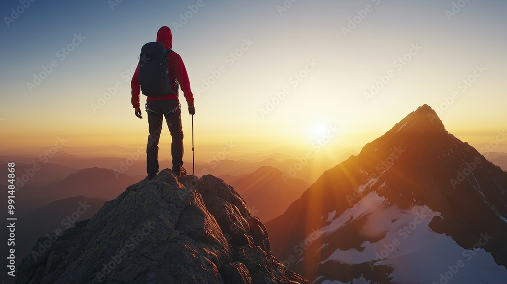 Man with backpack standing on the top of mountain and enjoying the view. Travel concept. Achieving your dreams. Digital art in watercolor style. Illustration for cover, card, interior design or print. Man with backpack standing on the top of mountain and enjoying the view. Travel concept. Achieving your dreams. Digital art in watercolor style. Illustration for cover, card, interior design or print.