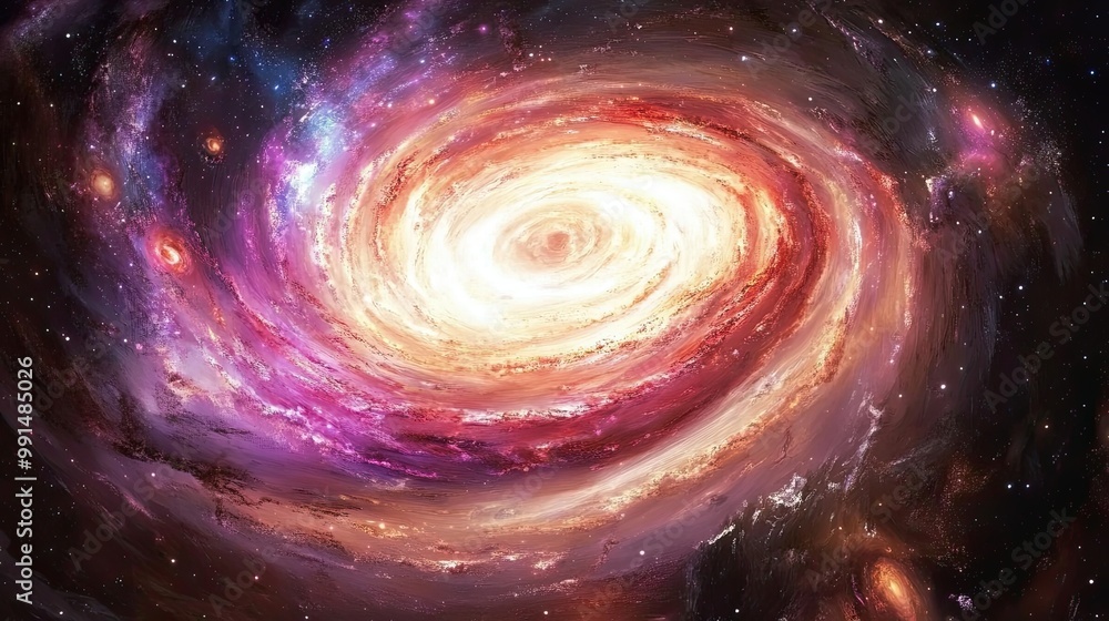 Fototapeta premium The spiral galaxy is surrounded by stars against the dark background of open space and emits a glow. Universe science astronomy. Illustration for cover, card, interior design, brochure or presentation