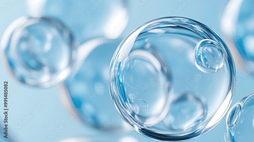 Droplets of air in the blue water column. Bubbles under the water. The spheres are clear and transparent. Natural background. Illustration for banner, poster, cover, brochure or presentation. Droplets of air in the blue water column. Bubbles under the water. The spheres are clear and transparent. Natural background. Illustration for banner, poster, cover, brochure or presentation.