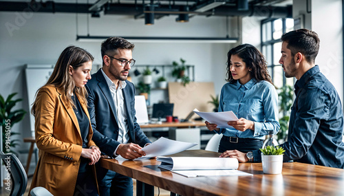 business team collaborating in a modern office, discussing strategies, proposals, and creative ideas in a workshop setting. Candid moments, natural lighting, dynamic teamwork interactions.
 photo