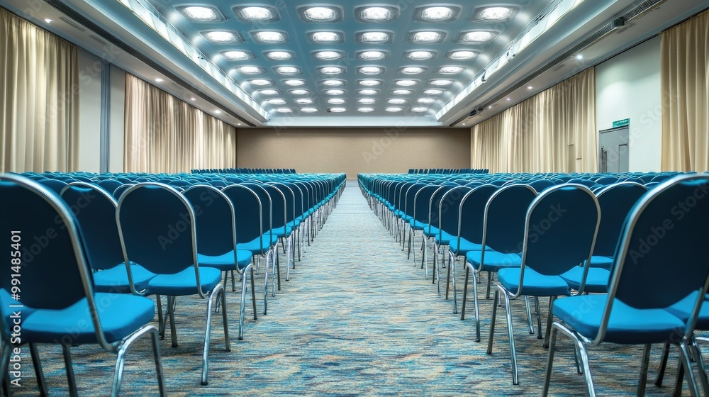 Naklejka premium Rear view of an empty conference hall with rows of blue chairs, perfectly aligned, awaiting attendees