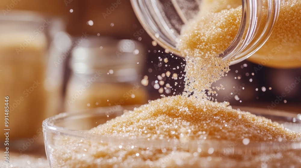 A close-up of granulated sugar pouring from a glass jar into a mixing ...
