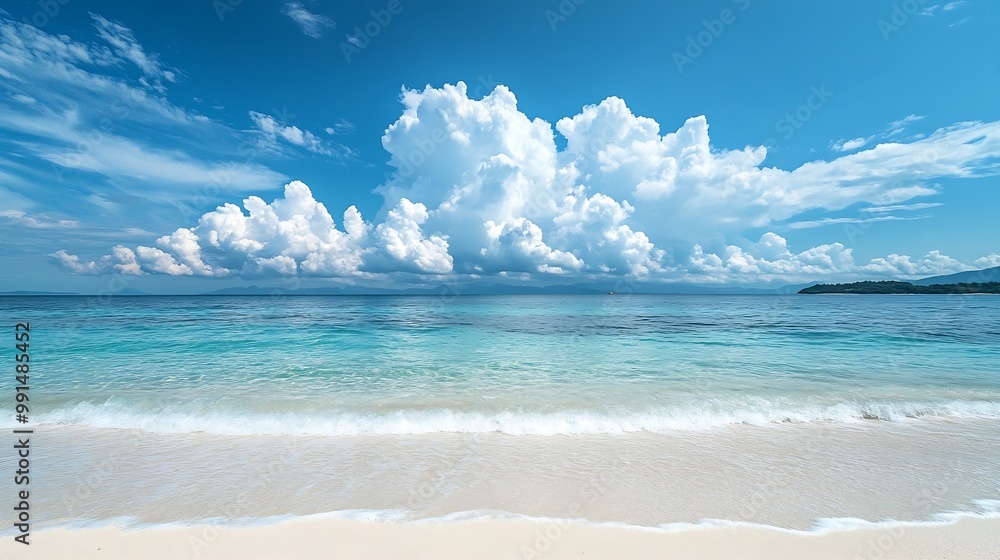 Beautiful beach with white sand turquoise ocean water and blue sky with clouds in sunny day Panoramic view Natural background for summer vacation : Generative AI Beautiful beach with white sand turquoise ocean water and blue sky with clouds in sunny day Panoramic view Natural background for summer vacation : Generative AI