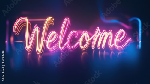 Welcome written in elegant cursive font, glowing neon lights, dark background, modern calligraphy style