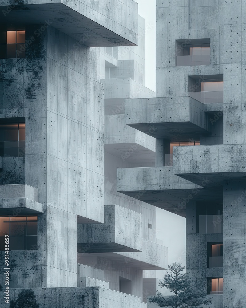 Futuristic Architectural Design of Concrete Buildings with Geometric Patterns, Narrow Windows, and Minimalist Aesthetics at Duskmodern architecture Futuristic Architectural Design of Concrete Buildings with Geometric Patterns, Narrow Windows, and Minimalist Aesthetics at Duskmodern architecture