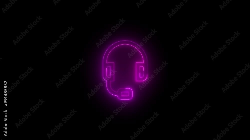 Neon headset icon glowing black background animation Neon headset icon glowing black background animation