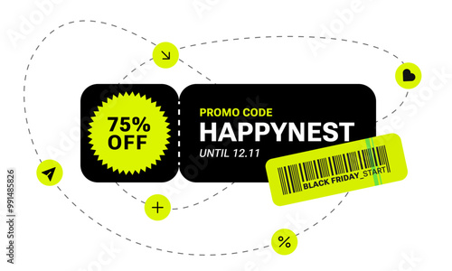 Set of Black Friday discount coupon with promo code. Sale label, Geometry tag. Abstract Simple shapes. banner, social media. Retro special offer Brutalist trendy style. Advertising Futuristic Promo