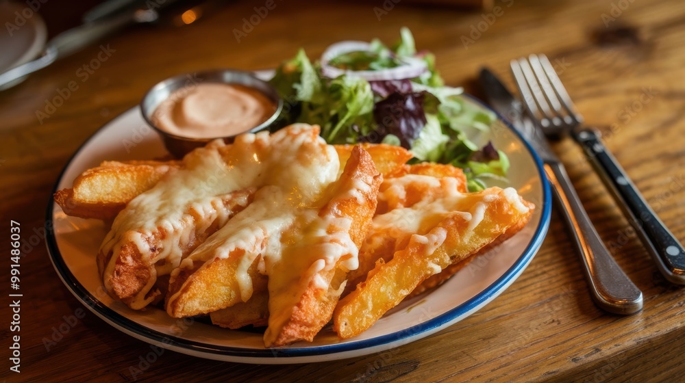 Cheesy Potato Wedges with Salad and Dipping Sauce on Wooden Table Cheesy Potato Wedges with Salad and Dipping Sauce on Wooden Table
