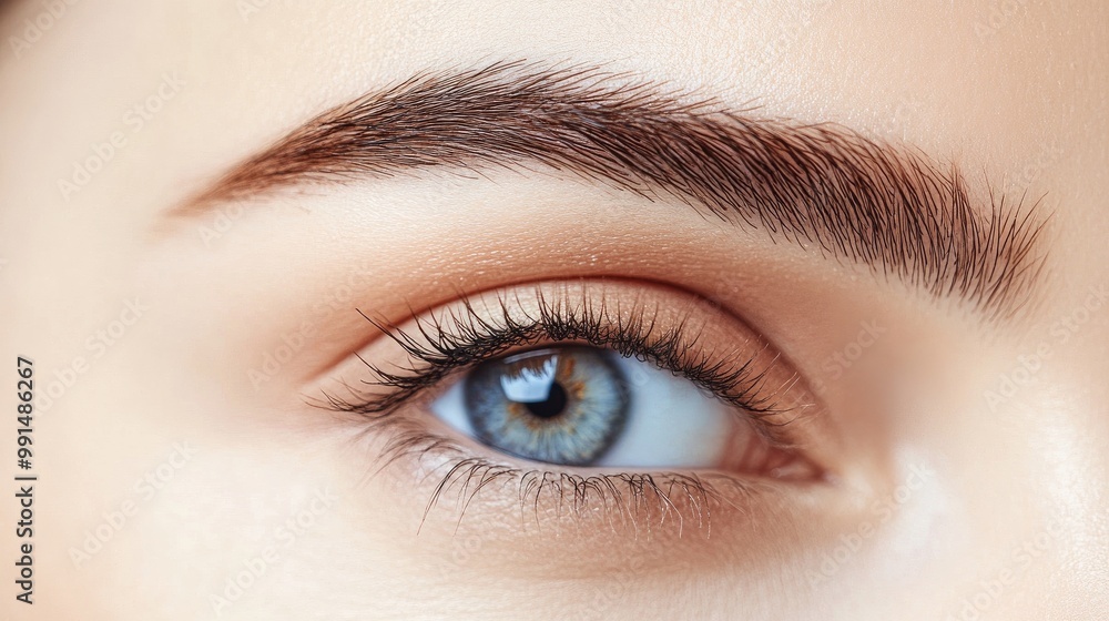 A close-up of perfectly shaped female eyebrows, meticulously groomed and defined, with soft makeup enhancing the natural beauty, set against a neutral background A close-up of perfectly shaped female eyebrows, meticulously groomed and defined, with soft makeup enhancing the natural beauty, set against a neutral background