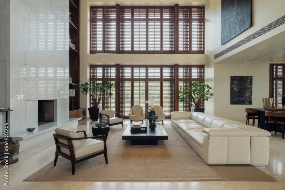 Fototapeta premium Modern Luxury Living Room with High Ceilings and Garden View