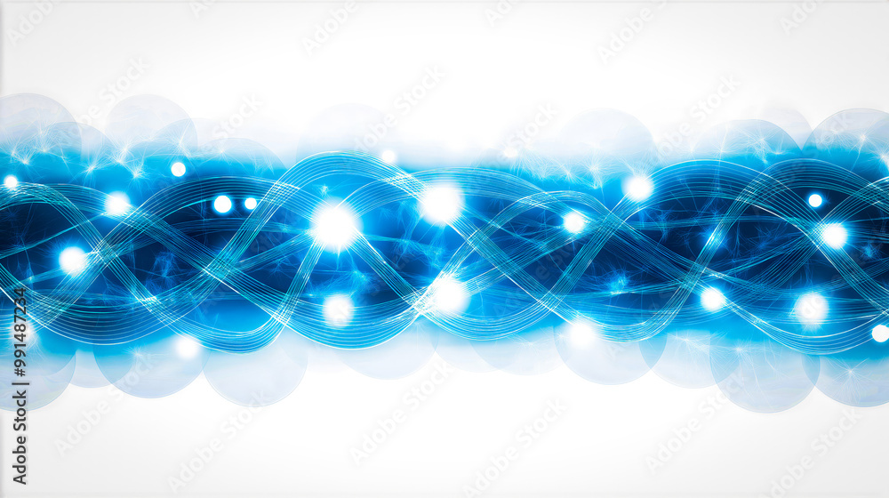 A shimmering band of blue light, composed of intertwining waves and glowing dots, stretches across a white background. A shimmering band of blue light, composed of intertwining waves and glowing dots, stretches across a white background.