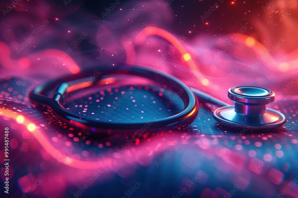 Futuristic medical technology concept with a stethoscope surrounded by ...