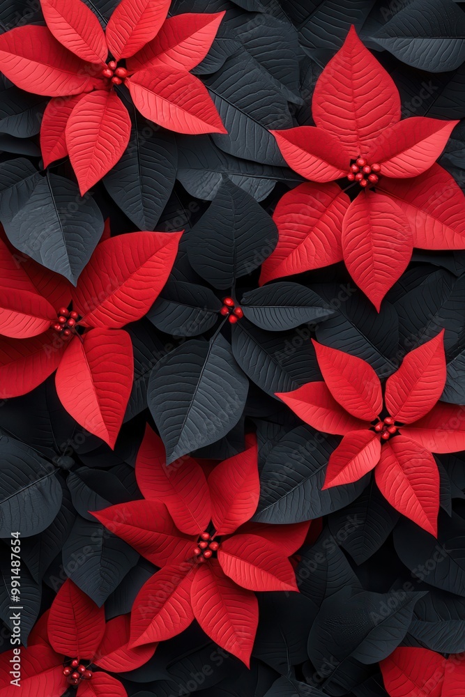 Obraz premium A vibrant arrangement of red poinsettia flowers against a dark backdrop, creating a striking contrast and festive atmosphere.