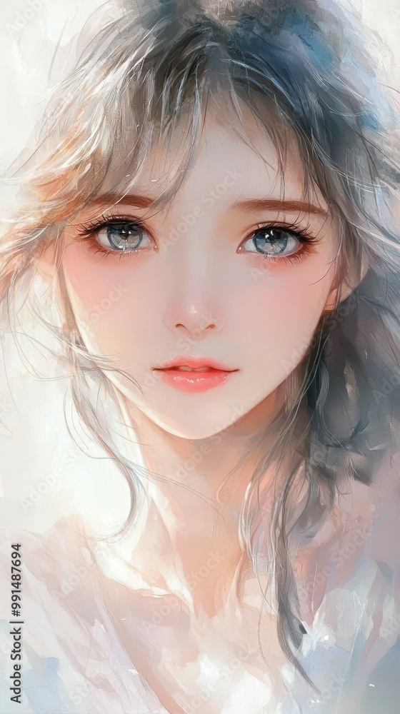 Beautiful anime-style girl with large expressive eyes and soft pastel tones Beautiful anime-style girl with large expressive eyes and soft pastel tones