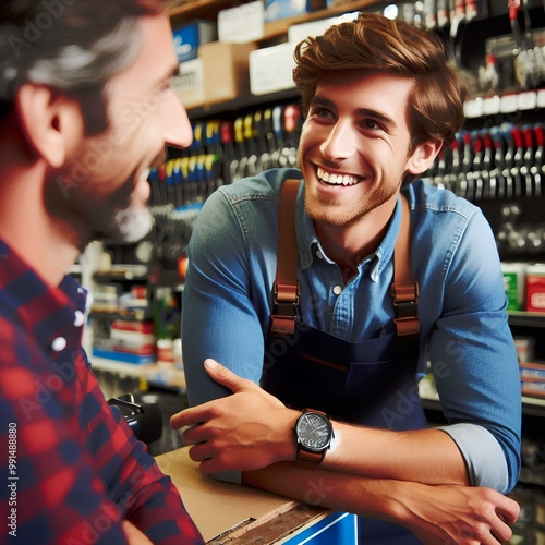 Candid, Friendly Conversation at a Small Town Hardware Store. photo