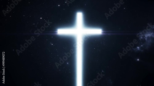 A bright cross radiates light against a backdrop of stars, symbolizing hope and faith in the tranquility of the night sky