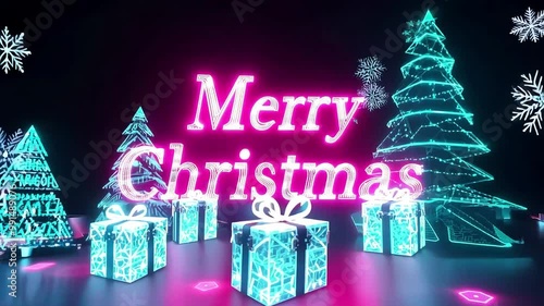 Phrase Merry Christmas in neon pink Cyberpunk style appears on a futuristic background with holographic gifts and sleek, futuristic Christmas trees