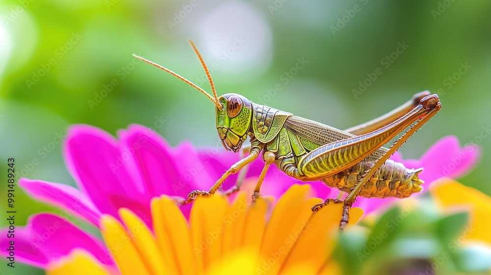 Close-up of a grasshopper on a bright flower, with a clear, soft-focus background for text. Close-up of a grasshopper on a bright flower, with a clear, soft-focus background for text.