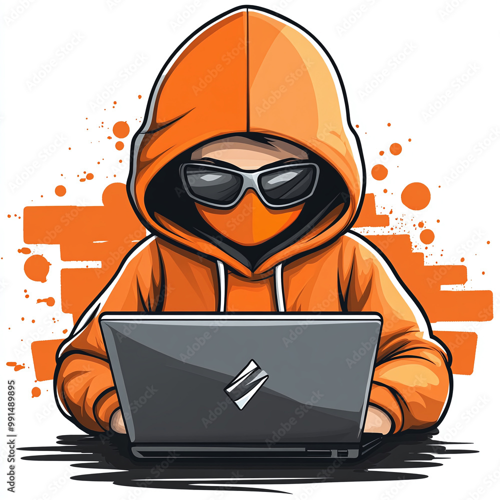 Urban Hacker in Hoodie and Sunglasses Working on Laptop with Graffiti Background in Digital Art Illustration Urban Hacker in Hoodie and Sunglasses Working on Laptop with Graffiti Background in Digital Art Illustration