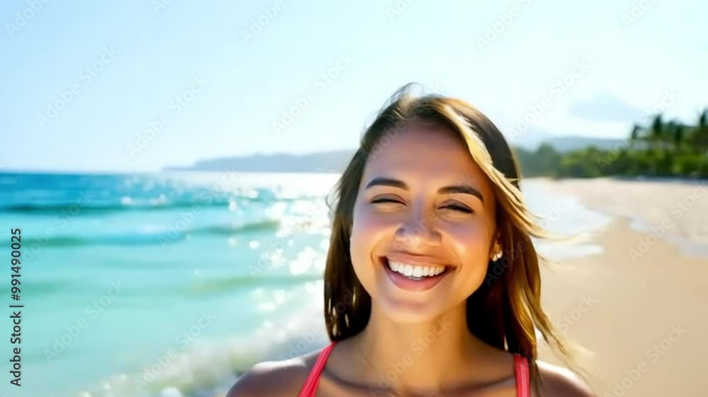 A joyful young woman with bright eyes, smiling broadly as she stands on a beach with crystal-clear waters in the background A joyful young woman with bright eyes, smiling broadly as she stands on a beach with crystal-clear waters in the background