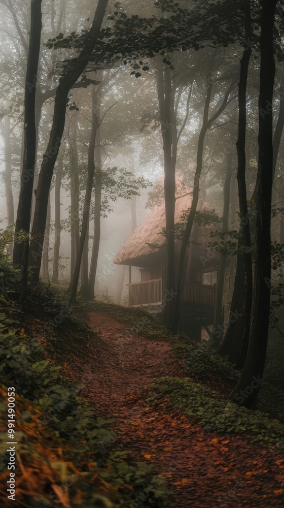 Naklejka premium Misty Forest Path Leading to a Hidden Wooden Shelter