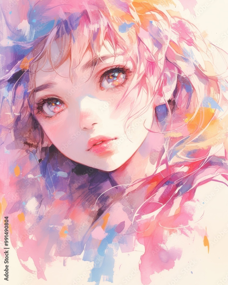 A stunning watercolor painting of an anime-style girl, featuring large expressive eyes and vibrant, flowing hair in a mix of pink, purple, and orange tones, with soft brushstrokes. A stunning watercolor painting of an anime-style girl, featuring large expressive eyes and vibrant, flowing hair in a mix of pink, purple, and orange tones, with soft brushstrokes.
