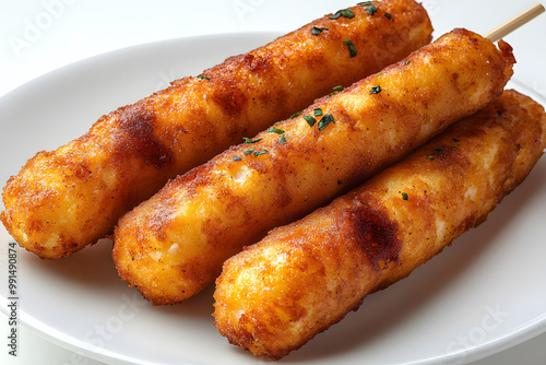  Classic corn dog on a stick with crispy coating isolated on white background