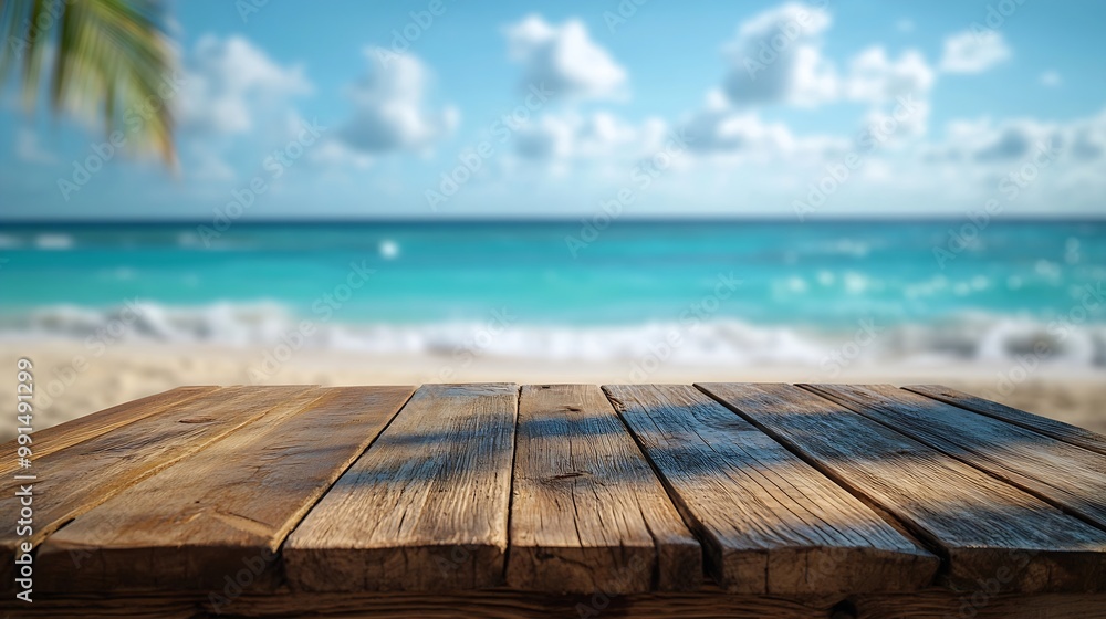 Fototapeta premium Empty rustic wooden table on blur background of beautiful beach for mockup summer product display or travel ad Picnic table with customizable space on tabletop for editing Flawless : Generative AI
