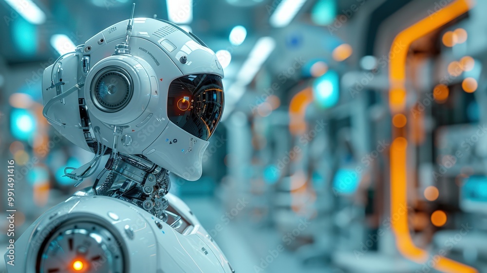 Futuristic humanoid robot with advanced AI technology in a high-tech laboratory setting featuring vibrant holographic displays and cybernetic enhancementsrobot Futuristic humanoid robot with advanced AI technology in a high-tech laboratory setting featuring vibrant holographic displays and cybernetic enhancementsrobot