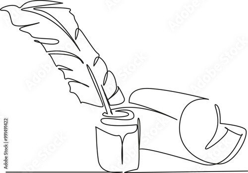 One continuous single drawing line art flat doodle paper, pen, document, ink, letter, writing, inkwell, retro, vintage, old. Isolated image hand draw contour on a white background