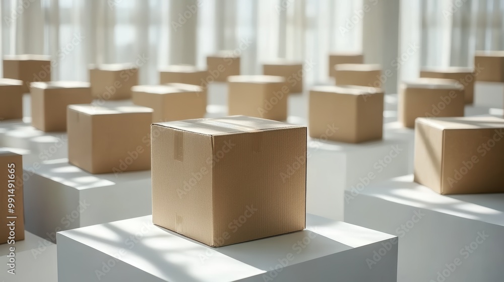 A collection of cardboard boxes arranged on white pedestals, illuminated by natural light, creating a minimalist and structured presentation in a spacious environment A collection of cardboard boxes arranged on white pedestals, illuminated by natural light, creating a minimalist and structured presentation in a spacious environment