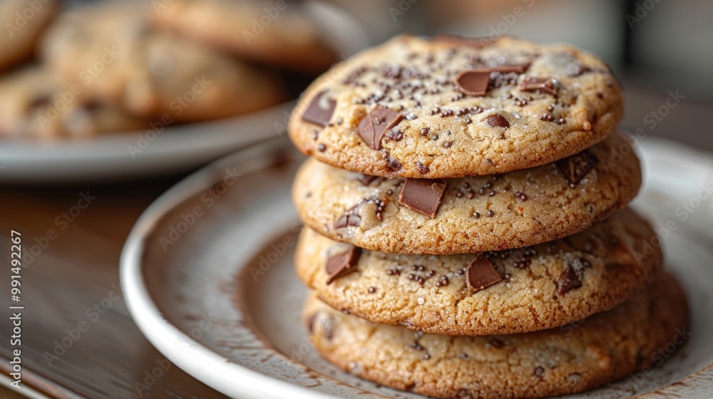 Freshly baked chocolate chip cookies stacked on a rustic plate, inviting and warm in a cozy kitchen. Generative AI Freshly baked chocolate chip cookies stacked on a rustic plate, inviting and warm in a cozy kitchen. Generative AI