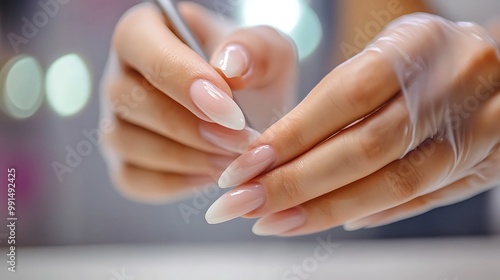 A woman's hands with long, manicured nails, showcasing a professional nail art design.