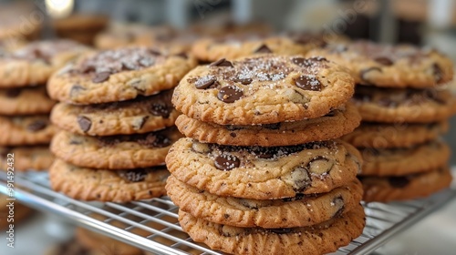 Freshly baked chocolate chip cookies cooling on a wire rack in a cozy bakery setting, inviting indulgence. Generative AI