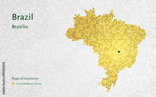 Gold Glossy map of Brazil: A Mosaic Map with Brasilia at its Center