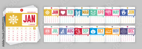 Minimalist 2025 monthly calendar with colorful icons and dates for each month.