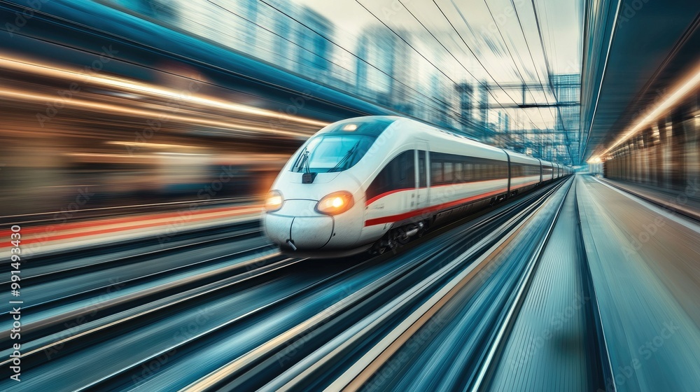 Close-up of a high-speed train in motion with a blurred background, offering plenty of space for text. Close-up of a high-speed train in motion with a blurred background, offering plenty of space for text.