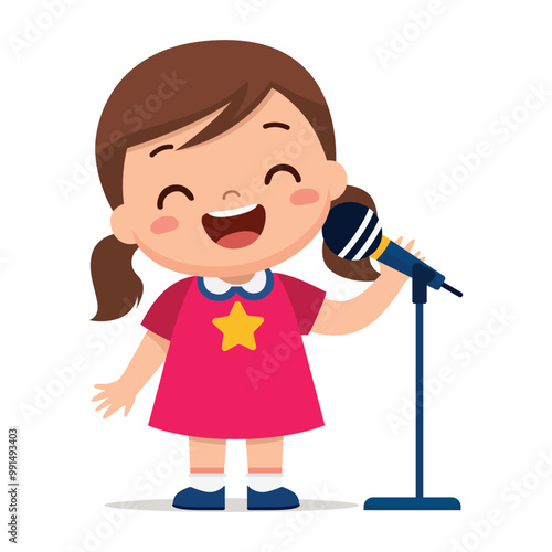 Happy cute kid girl sing a song with a microphone Illustration