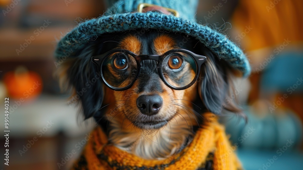 A charming dog in a cozy sweater and floppy hat, playfully accessorized with stylish glasses at home in autumn. Generative AI A charming dog in a cozy sweater and floppy hat, playfully accessorized with stylish glasses at home in autumn. Generative AI