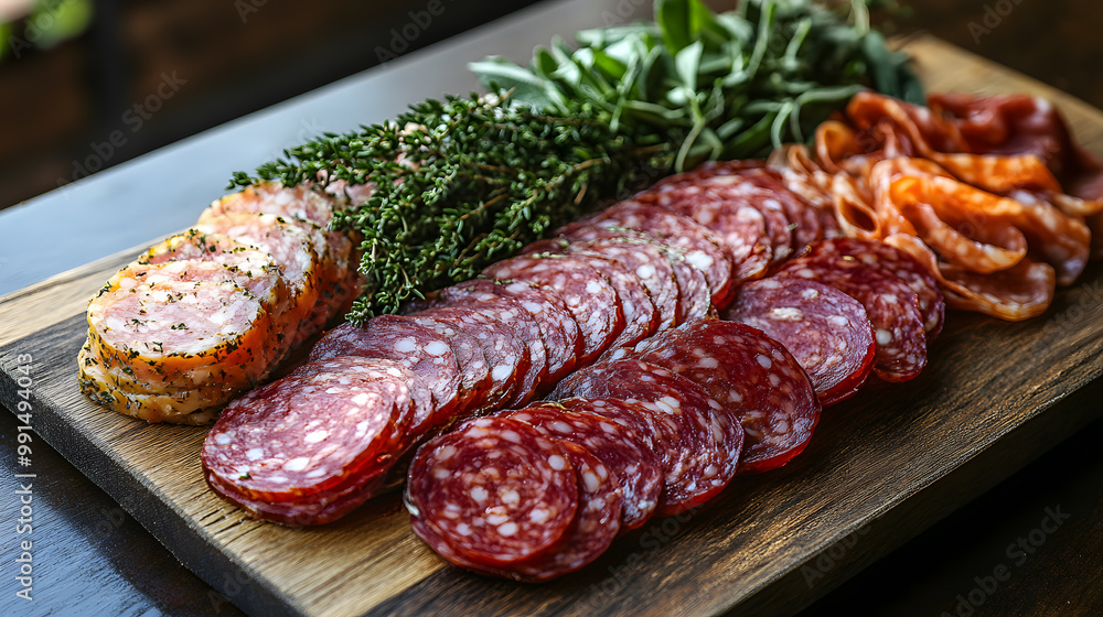 Charcuterie board with an assortment of cured meats, pepperoni, salami, prosciutto garnished with rosemary
Charcuterie board with an assortment of cured meats, pepperoni, salami, prosciutto garnished with rosemary
