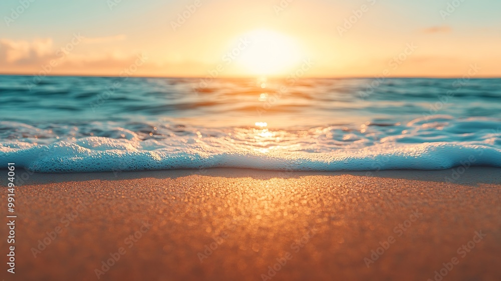 Obraz premium Closeup sea sand beach Panoramic beach landscape Inspire tropical beach seascape horizon Orange and golden sunset sky calmness tranquil relaxing sunlight summer mood Vacation travel ho : Generative AI