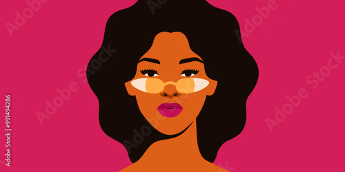 African American woman in gold sunglasses looks to the camera. Portrait of beautiful strong girl on pink background, front view. Fashion Vibrant female face with make up in eyewear.Vector illustration