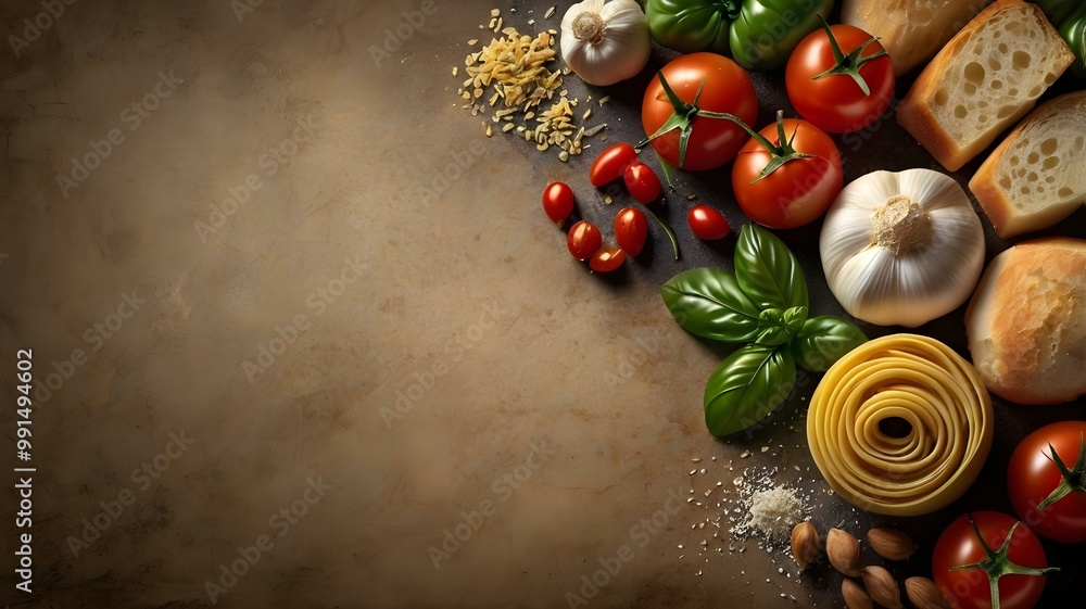 Italian food ingredients background with copy space: tomatoes, vegetables, spaghetti, garlic... Italian food ingredients background with copy space: tomatoes, vegetables, spaghetti, garlic...
