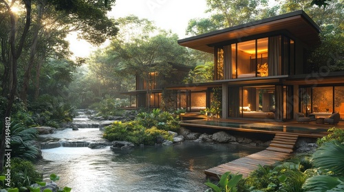 Modern eco-lodges for recreation by mountain river surrounded by forest